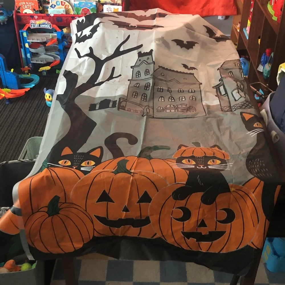 🍄 Halloween Spooky Pumpkin & Black Cat Plastic Shower Curtain
